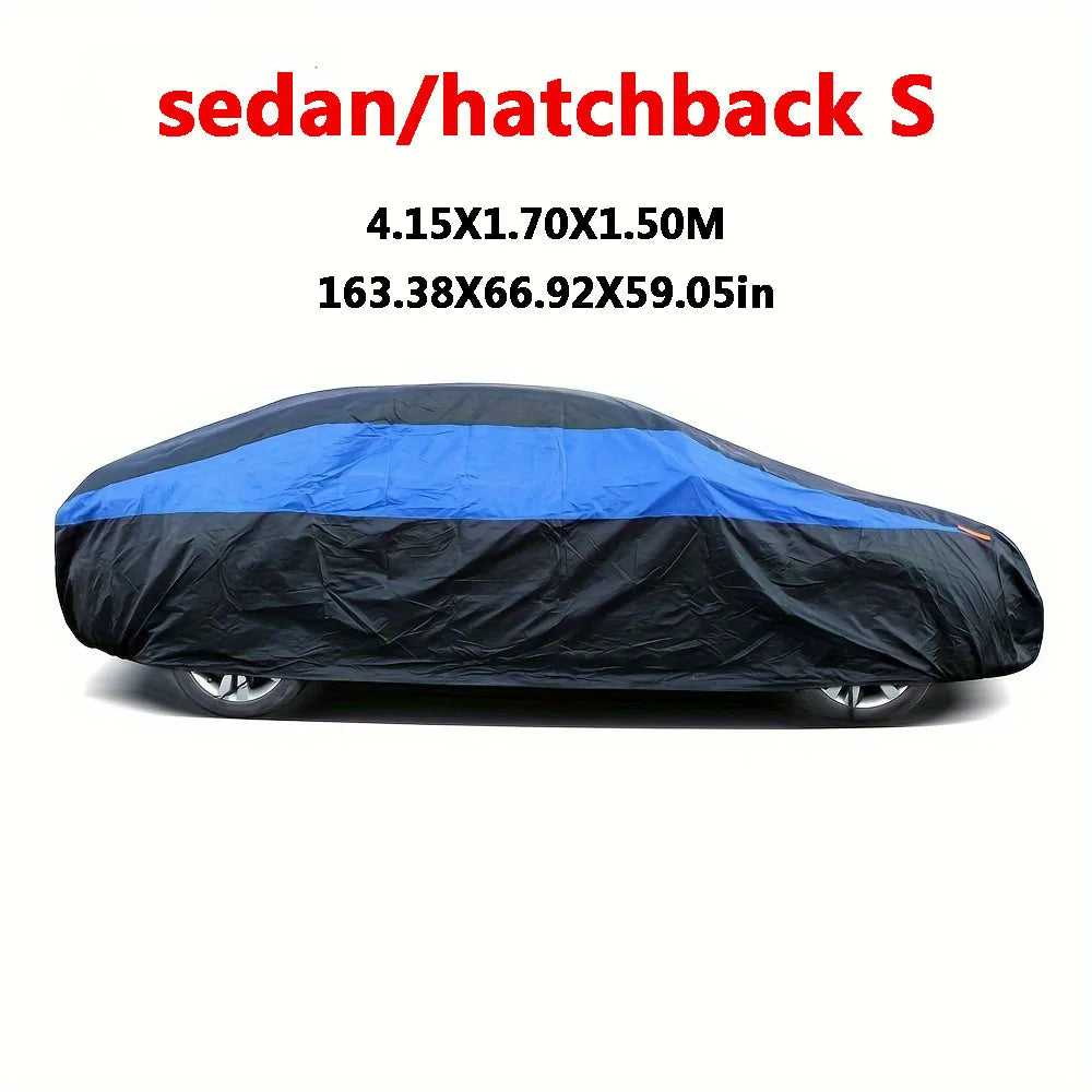 Black and blue car cover for a sedan or hatchback, shown from the side.