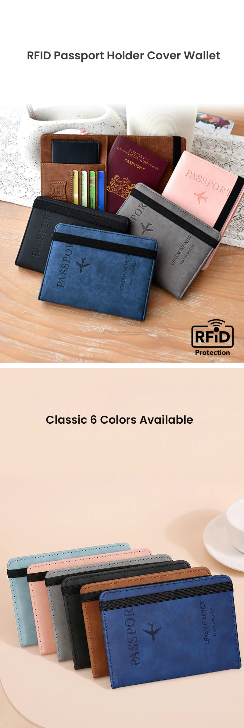 A collection of six blue and pink RFID passport holder wallets displayed on a light background.