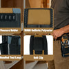 A set of tool accessories including a tape measure holder, ballistic polyester material, and a belt clip shown on a person's 