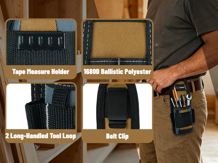 A set of tool accessories including a tape measure holder, ballistic polyester material, and a belt clip shown on a person's 