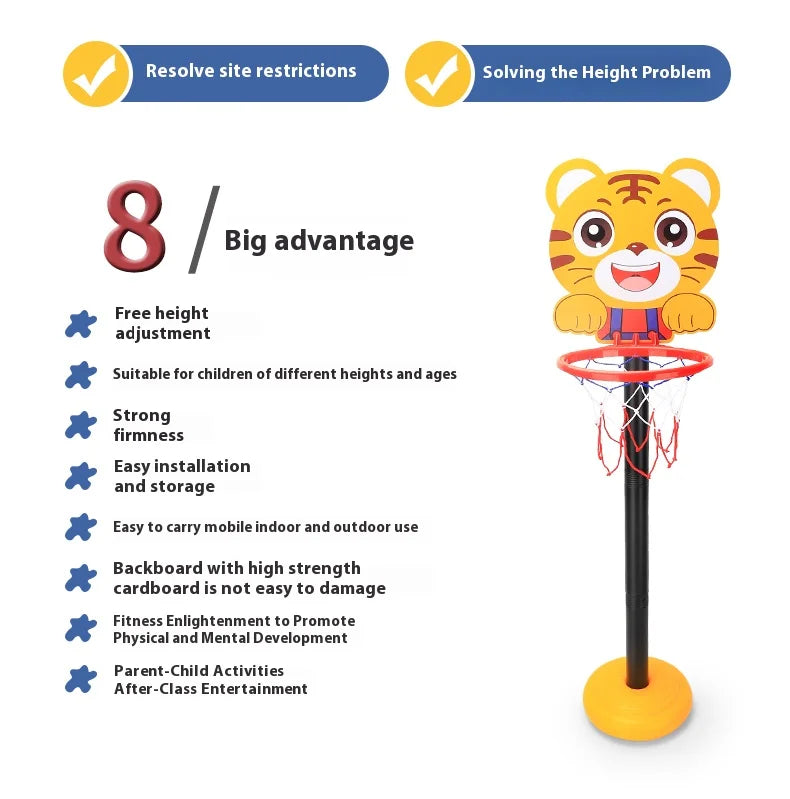 A yellow adjustable kids basketball hoop with a cartoon tiger design, showing features like height adjustment and strong firm