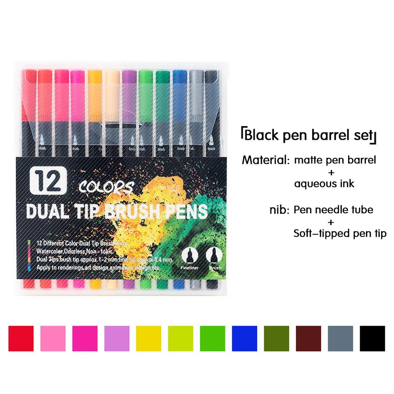 Dual Tip Watercolor Art Markers - 12 Color Set