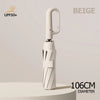 A beige windproof reverse folding umbrella with a reflective stripe and carabiner handle, shown vertically.