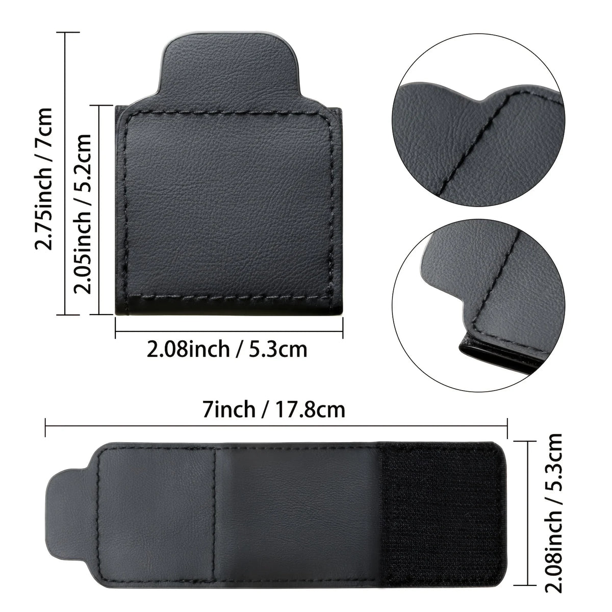 Black PU leather seat belt adjuster clip shown in various sizes and angles