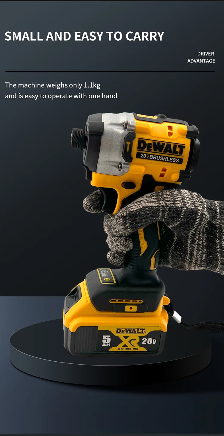 A hand is holding a yellow and black DEWALT 20V brushless cordless impact driver tool.