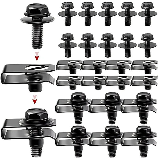 Set schwarzer U-Typ-Körperbolzen für die Autobefestigung, verschiedene Größen und Konfigurationen.