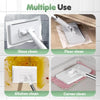 A multi-use flat mop with reusable cloths shown cleaning glass, floors, kitchens, and corners.