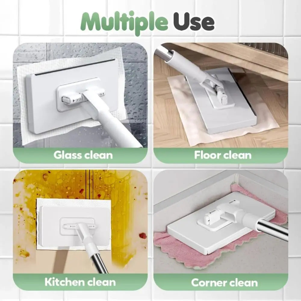 A multi-use flat mop with reusable cloths shown cleaning glass, floors, kitchens, and corners.