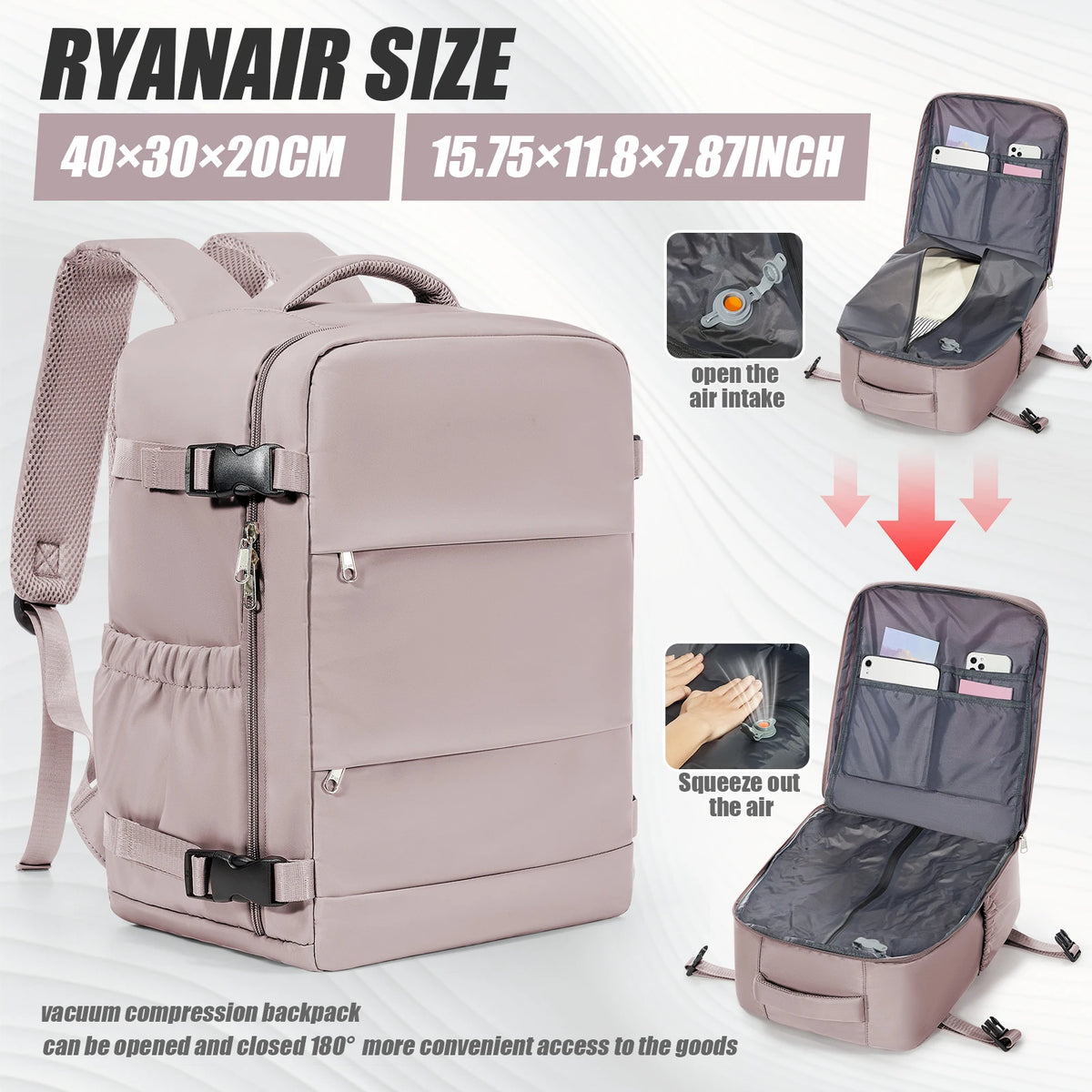 A pink Ryanair size backpack shown with features for air intake and squeezing out the air.