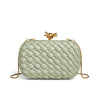 A light sage green handwoven clutch bag with a woven texture and a gold-toned chain strap.