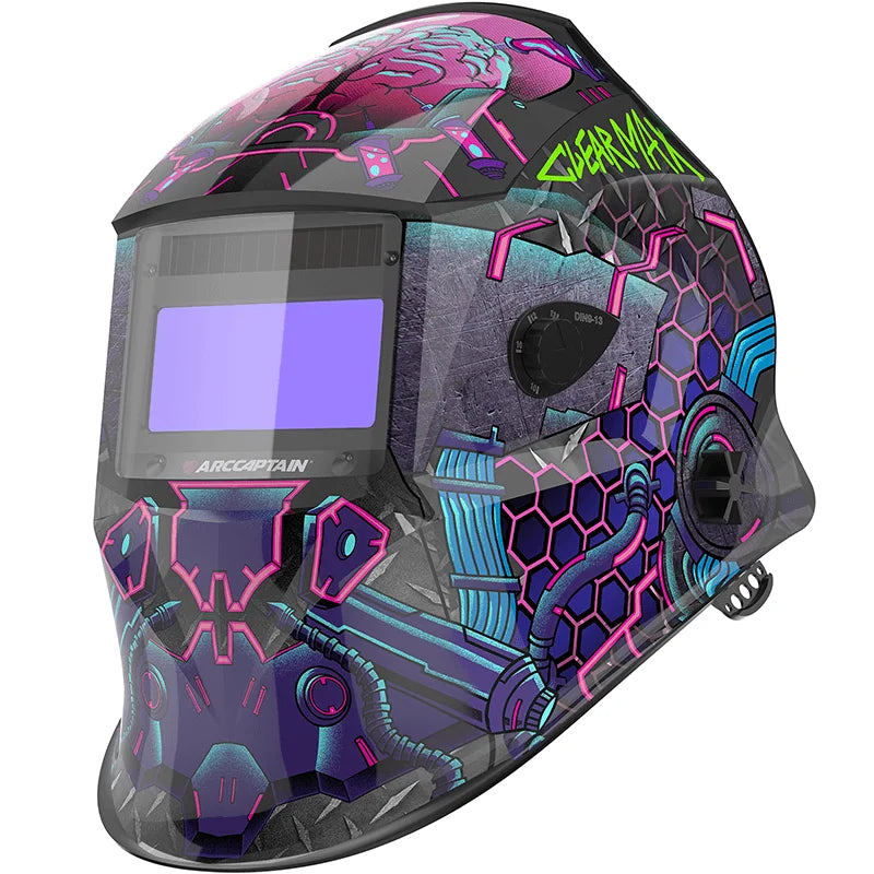 A dark purple and black auto-darkening welding helmet with a futuristic, geometric design and a rectangular viewing window.