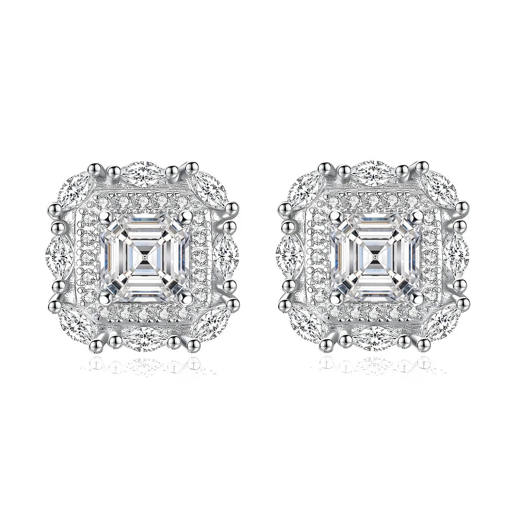 Square moissanite stud earrings in rhodium-plated silver set