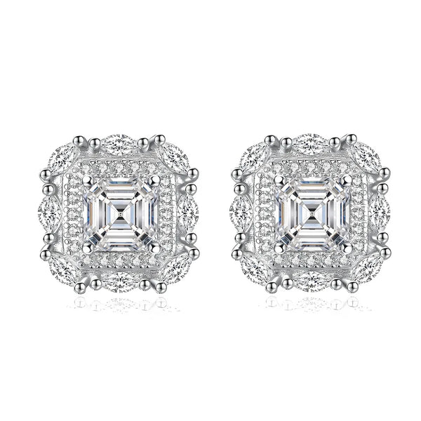 Square Moissanite Stud Earrings in Rhodium-Plated Silver