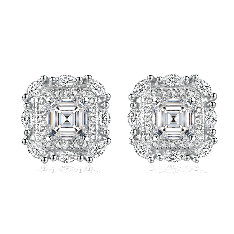 Square Moissanite Stud Earrings in Rhodium-Plated Silver