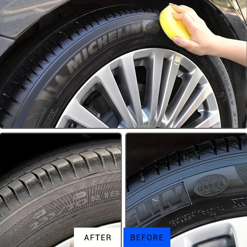 Before and after comparison of a car plastic restorer coating on a tire tread.