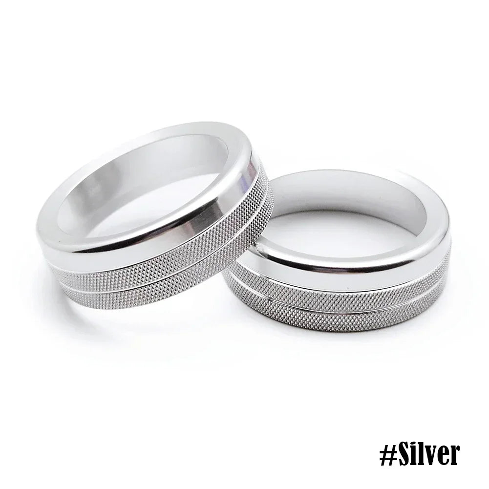 Silver aluminum knob trim covers for Ford Mustang 2015-2020, shown in a side view.