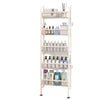 A tall, white storage rack with multiple tiers and shelves for organizing bathroom or utility items.