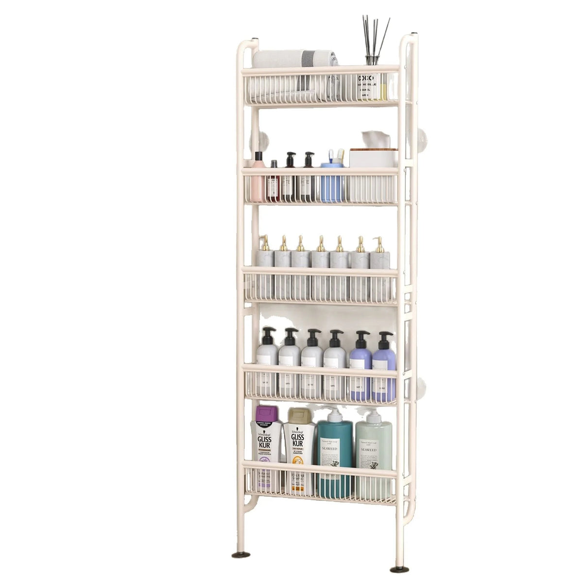 A tall, white storage rack with multiple tiers and shelves for organizing bathroom or utility items.