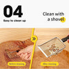 Demonstration showing how to clean a stainless steel cat litter scoop with a shovel before and after cleaning.