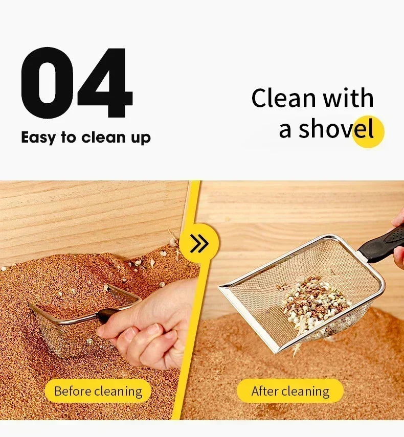 Demonstration showing how to clean a stainless steel cat litter scoop with a shovel before and after cleaning.