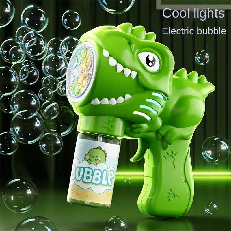 A green dinosaur shaped bubble gun with lights is shown next to a tube of bubble solution.
