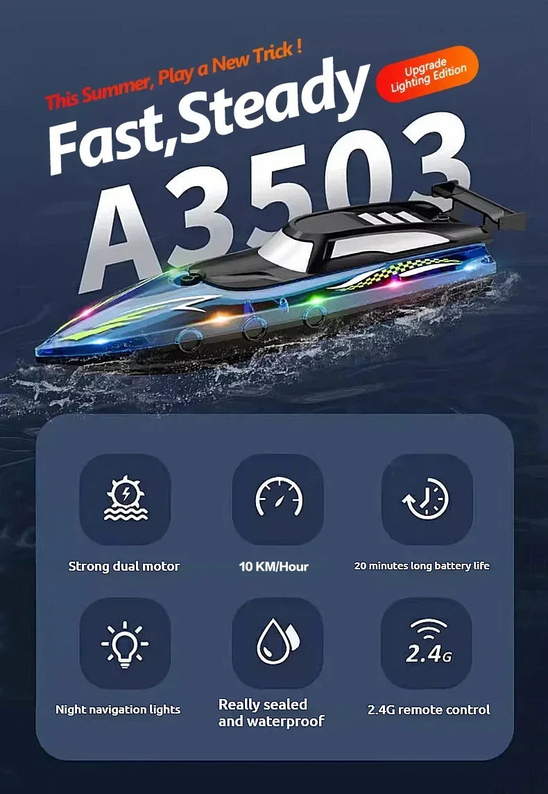 A fast, steady A3503 RC speedboat with LED lights cutting through the water.