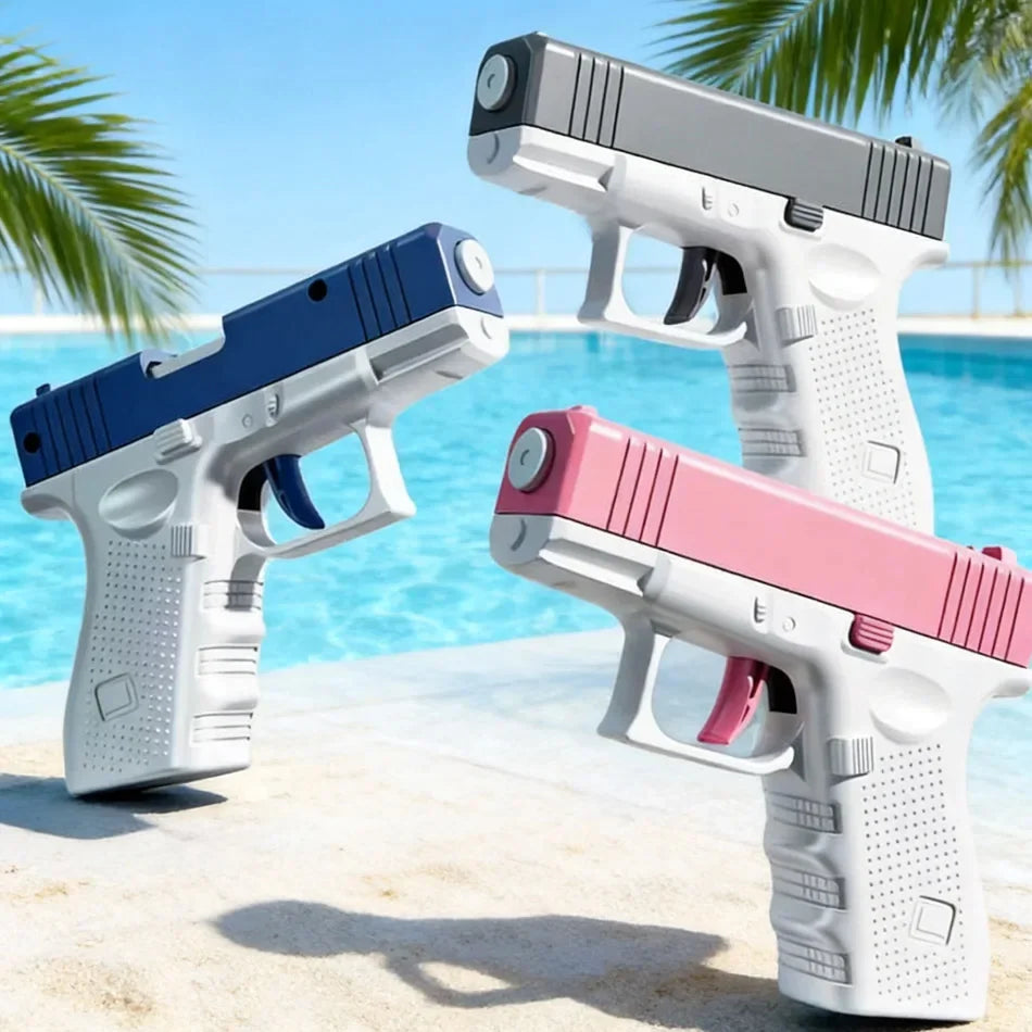 Three high-capacity water blaster pistols in blue, pink, and white are displayed outdoors near a pool.