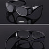 A pair of black ergonomic reading magnifying glasses shown in a side view and a back view.