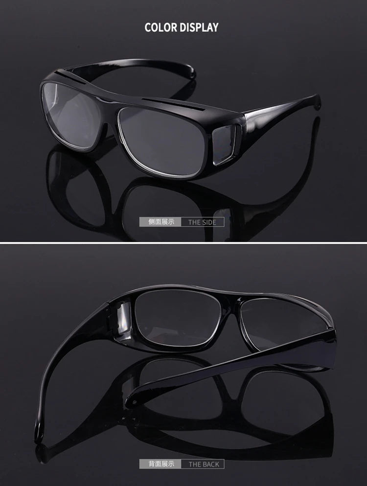 A pair of black ergonomic reading magnifying glasses shown in a side view and a back view.