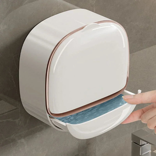 A white wall-mounted ABS soap dish with a lid is shown being opened by a hand.