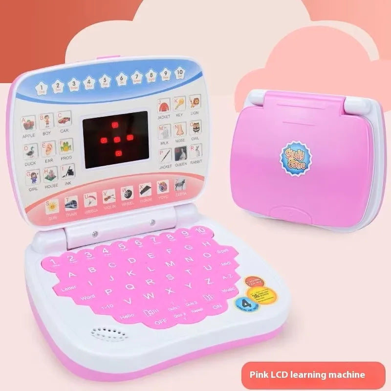 Pink LCD learning machine toy with a pink case and keyboard visible against a light background.