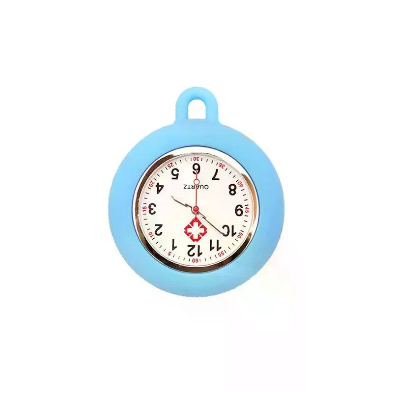 A light blue silicone pocket watch with a round face and a decorative pin.