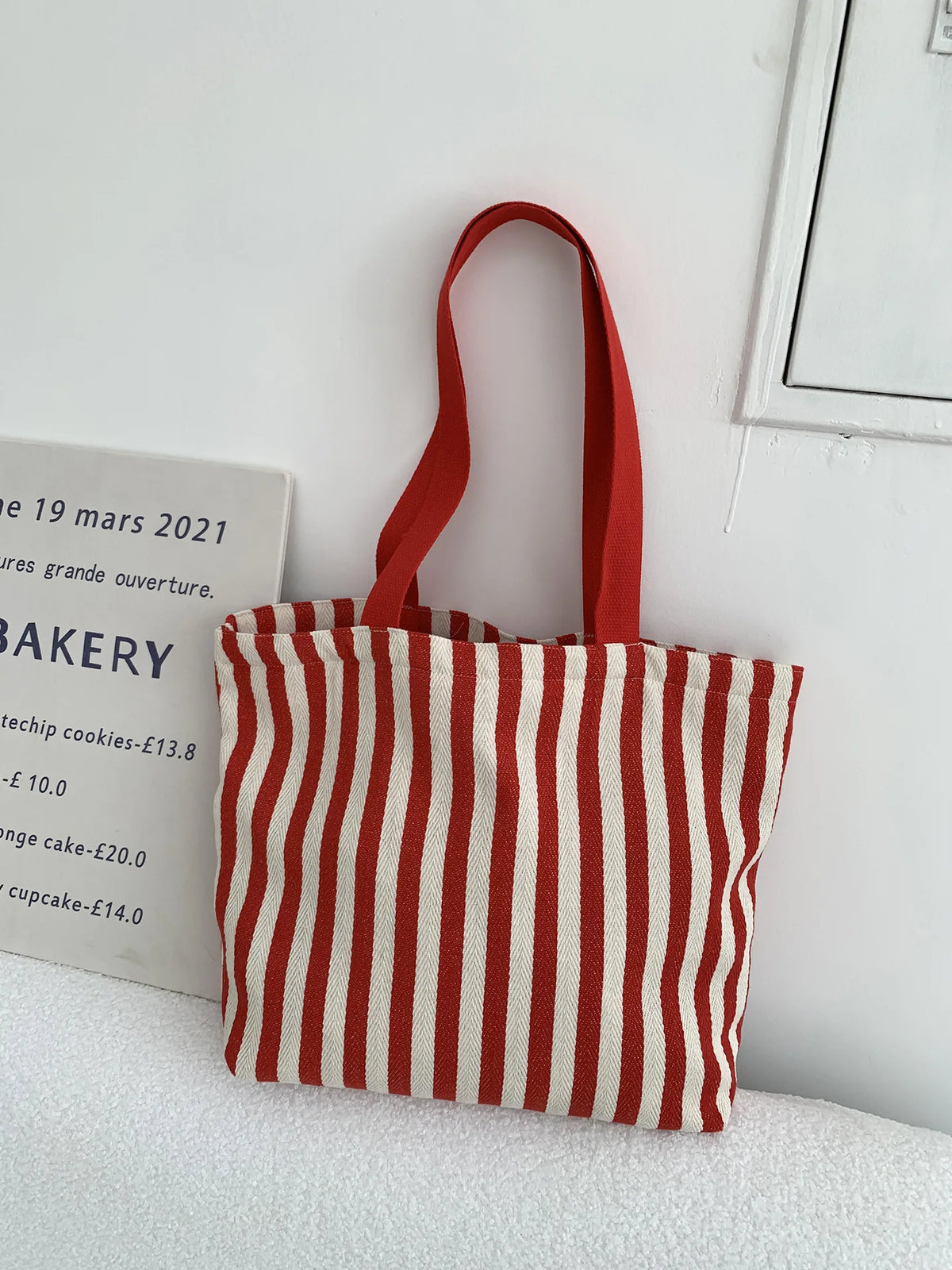 Striped Canvas Shoulder Tote Bag