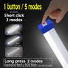A hand holds a blue LED light bar, demonstrating short click modes for 100%, 60%, and 30% brightness, and long press modes fo