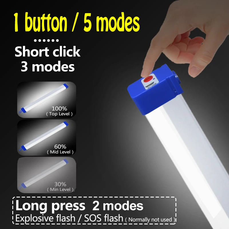 A hand holds a blue LED light bar, demonstrating short click modes for 100%, 60%, and 30% brightness, and long press modes fo