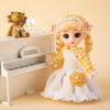 A blonde fashion doll with long hair and a yellow checkered dress stands next to a white piano and a stuffed lion.