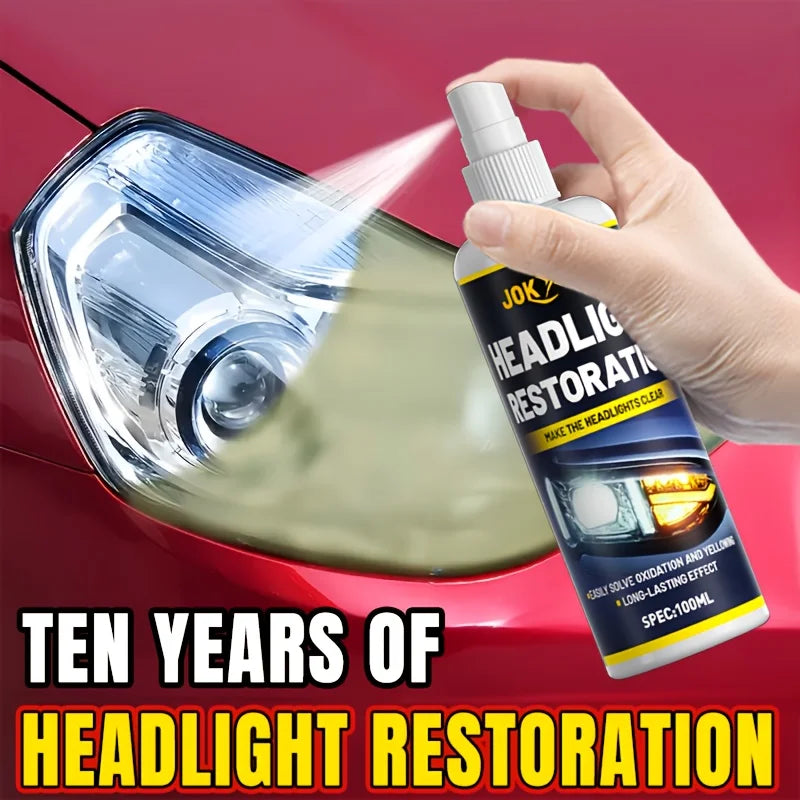 A hand sprays a ceramic headlight restoration product onto a car headlight lens.