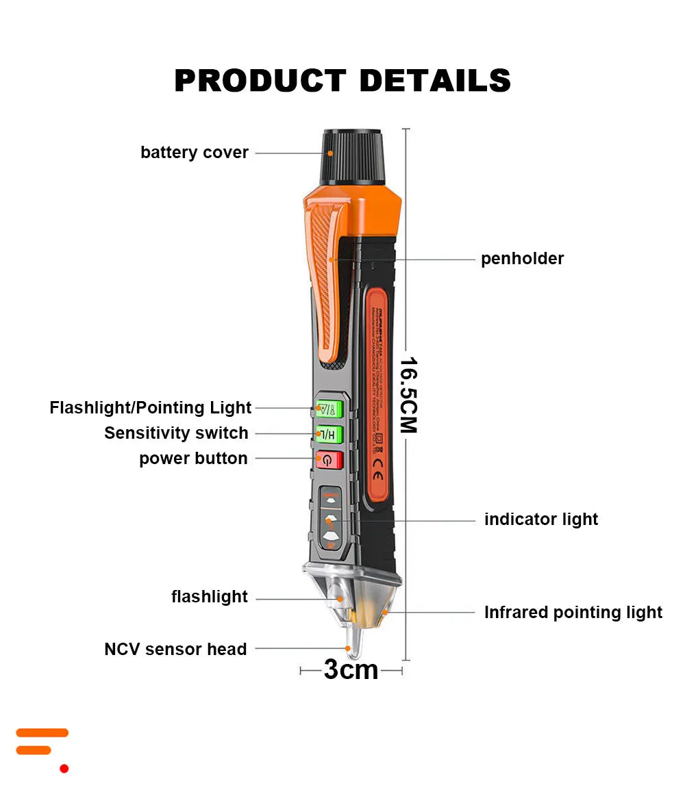 An orange and black pen-shaped non-contact AC voltage detector with various features like a flashlight and infrared pointing 