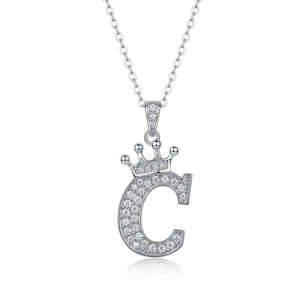 A sterling silver moissanite letter C pendant necklace with a crown design.