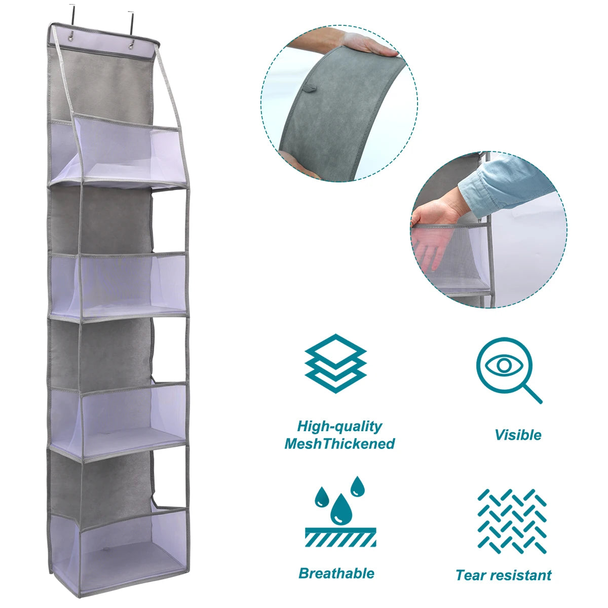 Over-the-door hanging organizer with clear mesh compartments shown alongside features like high-quality mesh, visibility, bre