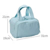 Light blue cosmetic travel organizer with a zippered top and carrying handles.