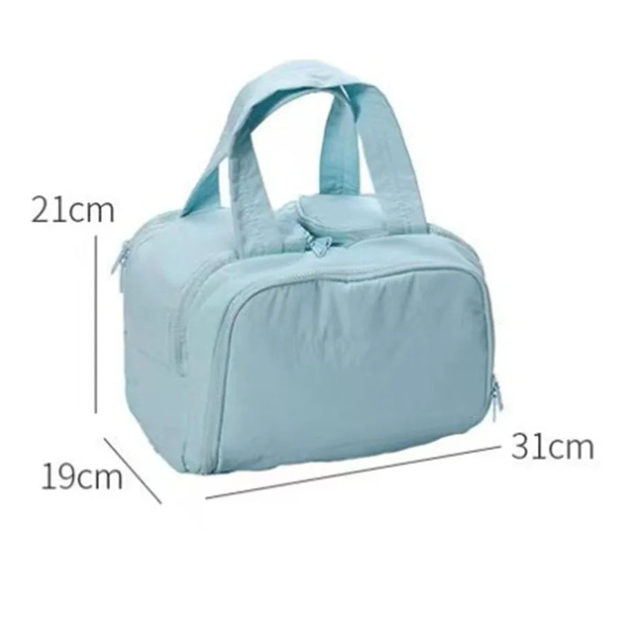 Light blue cosmetic travel organizer with a zippered top and carrying handles.