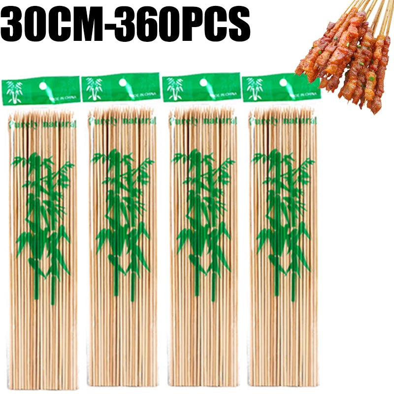 A set of 360 natural bamboo skewers with green leaves for BBQ and grilling.