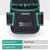 A black tool pouch with green and white trim and a buckle, designed for carrying tools on the waist.