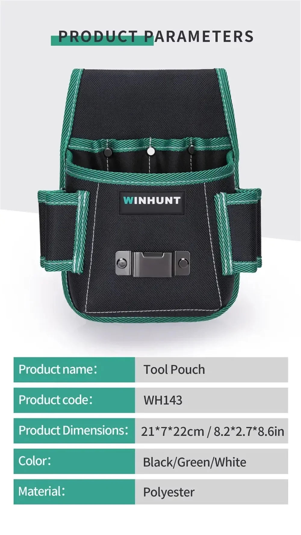 A black tool pouch with green and white trim and a buckle, designed for carrying tools on the waist.
