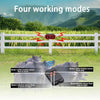A solar-powered motion sensor alarm device is shown with four working modes and a remote control, set against a green field b