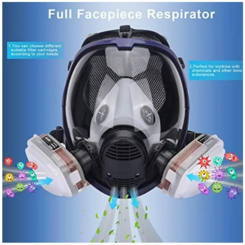 A full facepiece respirator mask with an anti-fog visor is shown, demonstrating its ability to filter harmful substances.