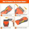 Instructions showing how to replace the scraper blade on an orange telescopic tool.