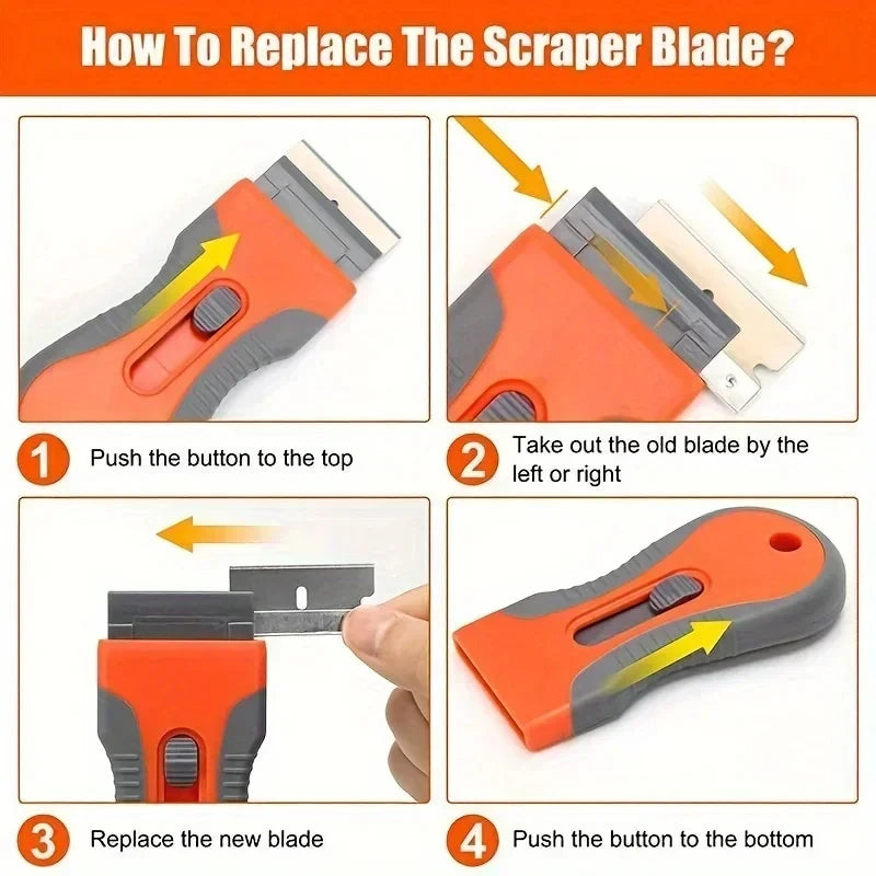 Instructions showing how to replace the scraper blade on an orange telescopic tool.