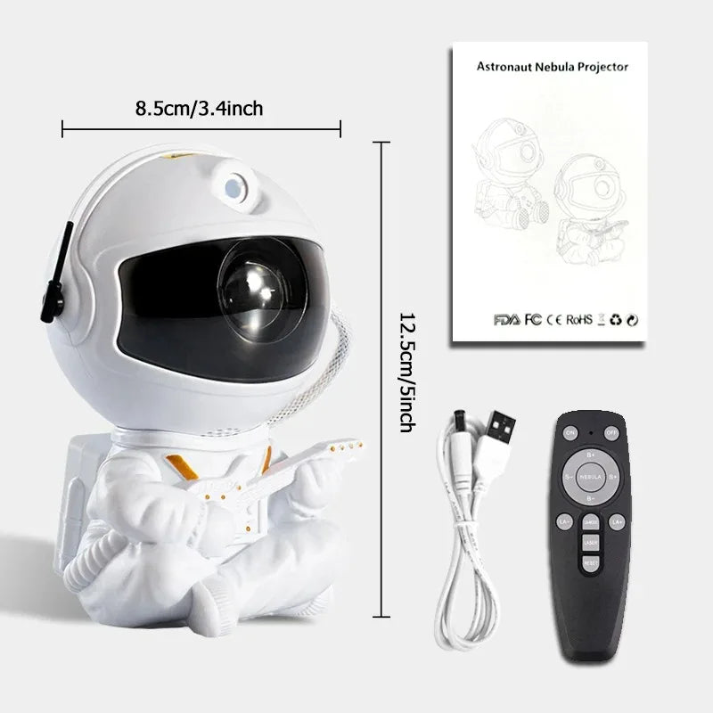 A white astronaut projector night light with a helmet and suit, along with its power cord and remote control.